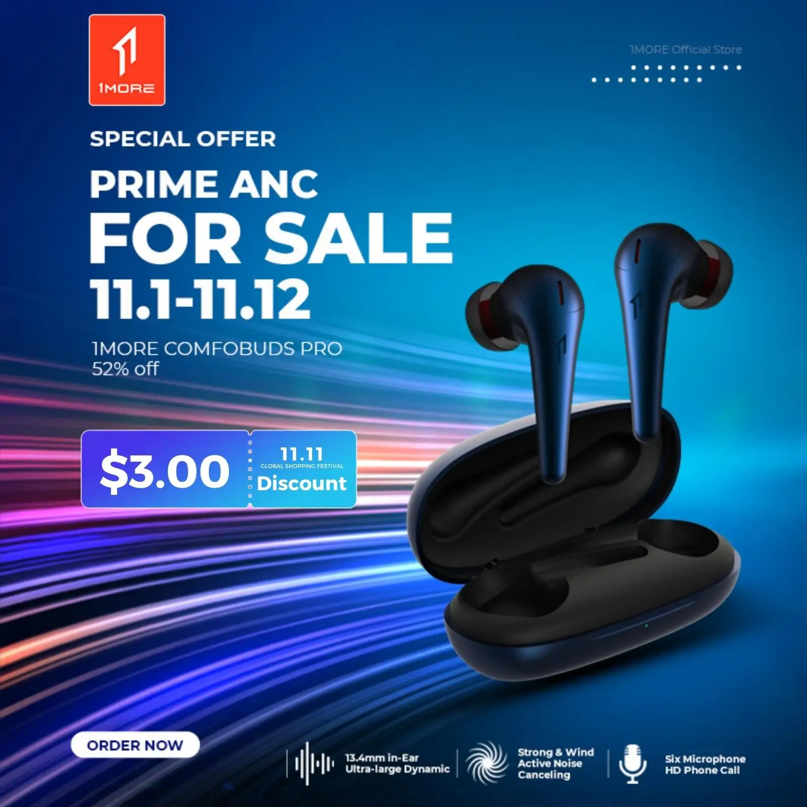

1MORE Comfobuds Pro ANC Noise Cancelling Bluetooth 5.0 TWS Wireless Headphones 13.4mm Bass Dynamic AAC EQ Tuning Earphones