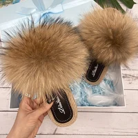 Fur Slippers Woman Flats Faux Straw Sandals Real Raccoon Fox Fur Summer Ladies Light Flip Flops 2022 Fashion New Beach Slides