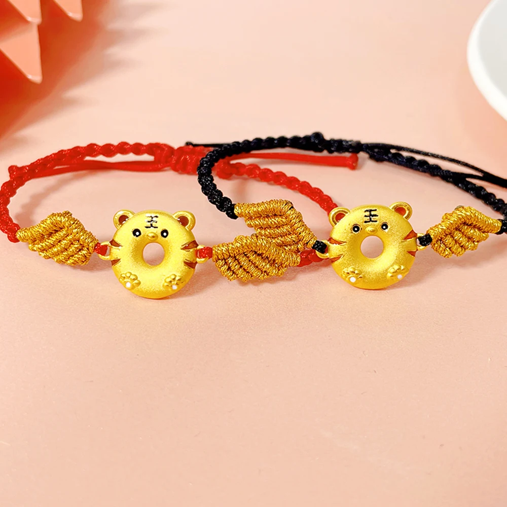 

New Real 24K Yellow Gold Enamel Tiger Bead Wing Weave Bracelet 3D Craft Jewelry Best Gift