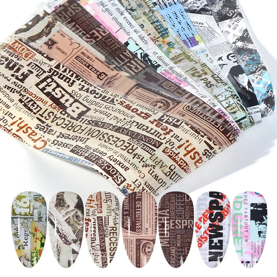 

10pcs Nail Foil Sticker Vintage Newspaper Gel Set Mixed Flower Marble Adhesive Transfer Decals Starry Paper Nail Slider CH1565-1