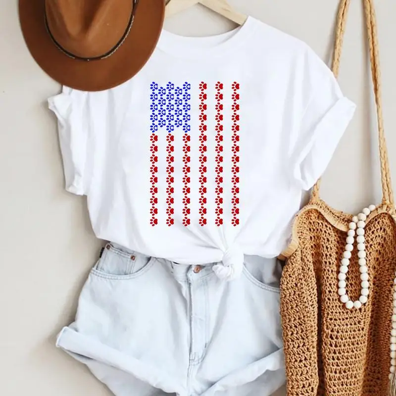 

2021 Women Paw Dog American USA Flag Funny Cute Style Cartoon Summer Lady Print Tee Stylish T Top Tshirts Clothes T-Shirt