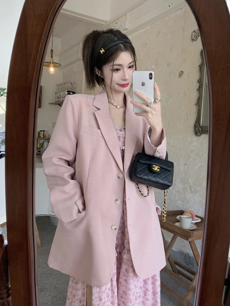 

Pink Blazers Draped Long-sleeved Suit Coat For Women Spring Korean 2023 New In Outerwear Loose Medium Long Women's Blazer Suits