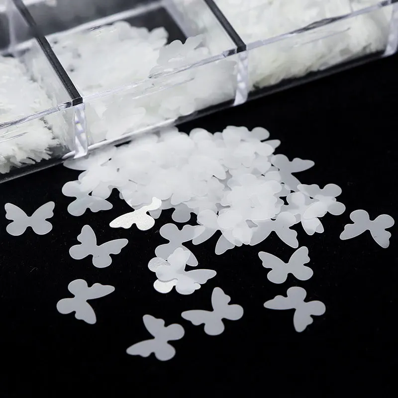 

Прозрачные белые пайетки для ногтей, 12 ячеек, в коробке