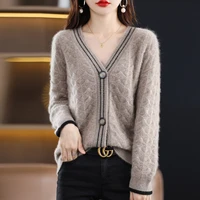 new v neck wool sweater women loose color matching all match thick top spring and autumn fashion knitted cardigan jacket