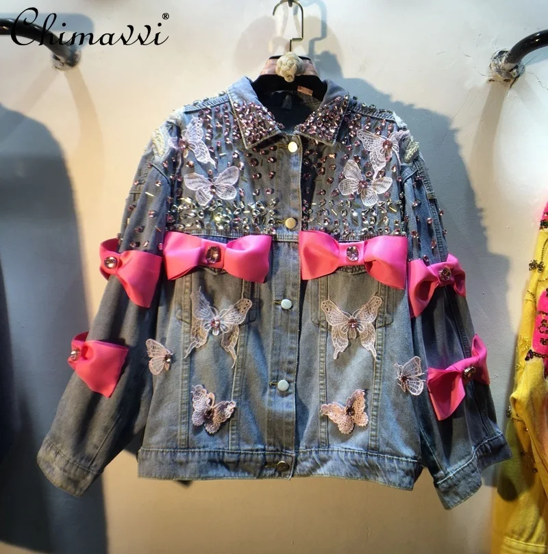

European 2022 Spring New Heavy Beads Diamond Bow Loose Slimming Denim Jacket Streetwear Cool Long Sleeve Coat for Women