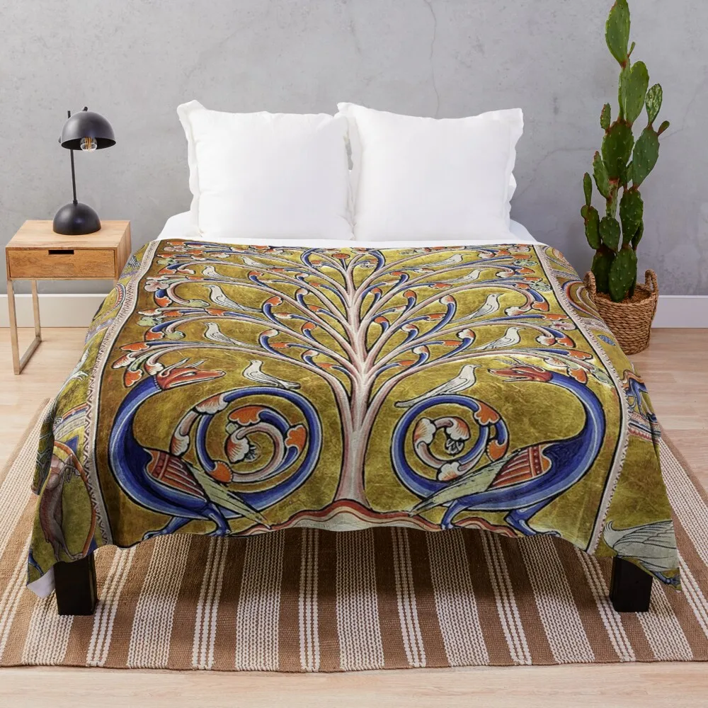 

MEDIEVAL BESTIARY,TREE OF LIFE ,BIRDS,DRAGONS FANTASTIC ANIMALS IN GOLD RED BLUE COLORS Throw Blanket