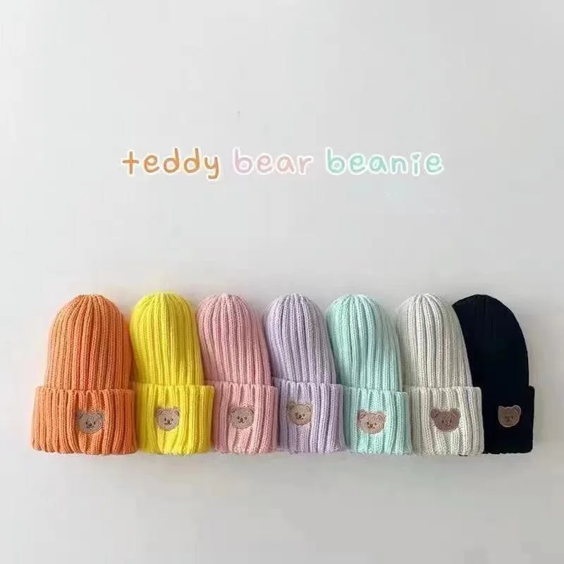 

Toddler Baby Knitted Hats Boys And Girls Warm Caps 2022 Autumn And Winter Cute Little Bear Embroidered Children's Hats