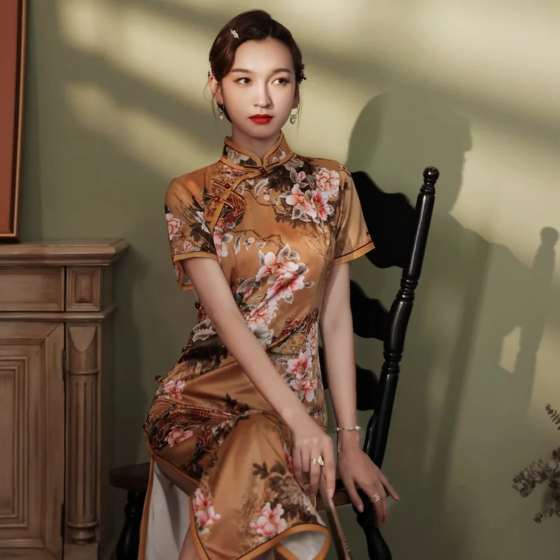 

Yellow Women Print Chinese Style Cheongsam Slim Sexy Split Fork Long Skirts Vintage Mandarin Collar Qipao Elegant Banquet Gown