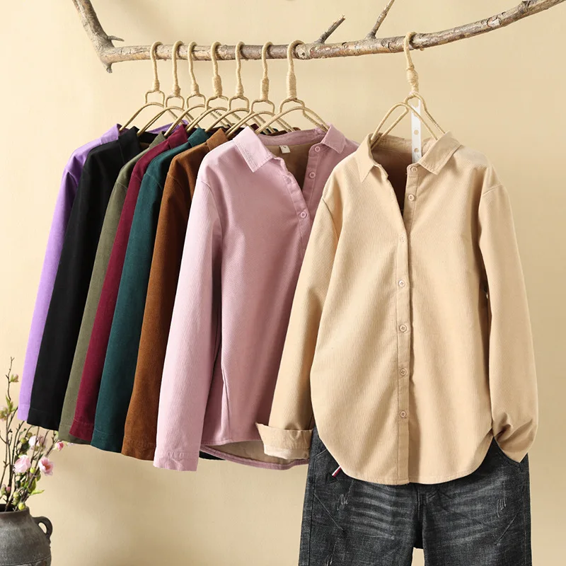 

New Autumn Cotton Shirt Corduroy Women's Lapels Long Sleeves Solid Color Simple Loose Slim Comfortable Versatile Blouse T3D233QD