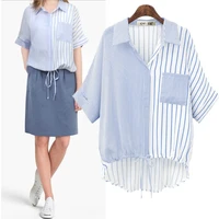 summer new classic color matching striped short sleeved blouse 2022 fashion new ladies clothing irregular hem lace up top fresh