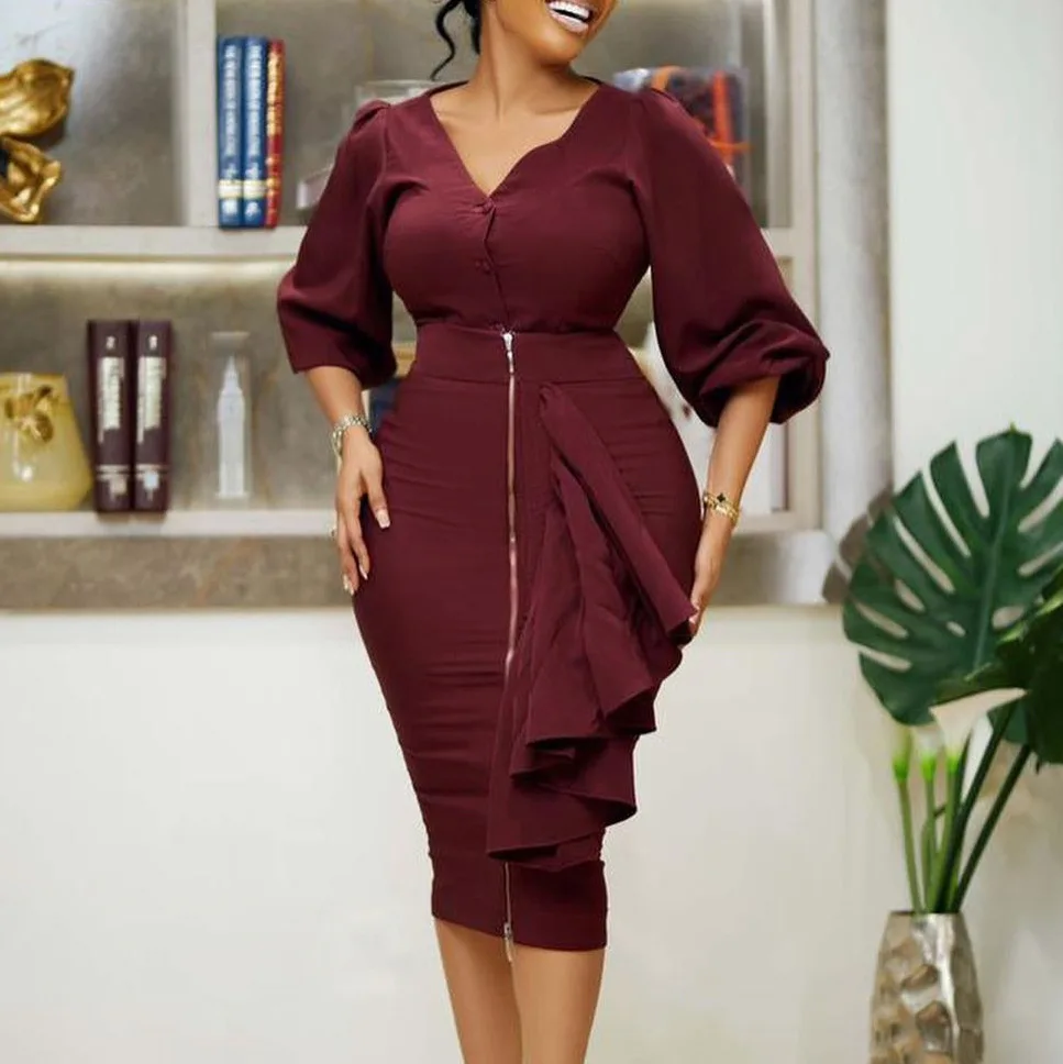 

Осеннее женское модное сексуальное однотонное платье с V-образным вырезом и рукавами-пузырями, облегающее платье с запахом на бедрах, женск...