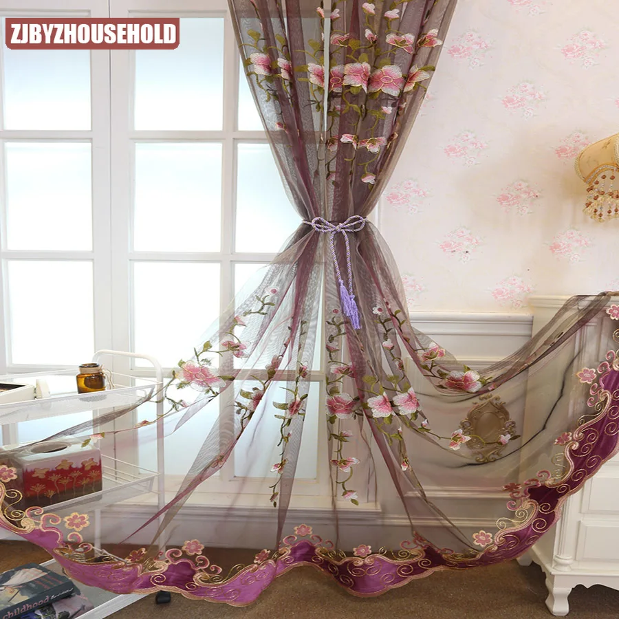 Фиолетовые пионы вышитые флокирующие кружева оконные экраны вуаль европейские