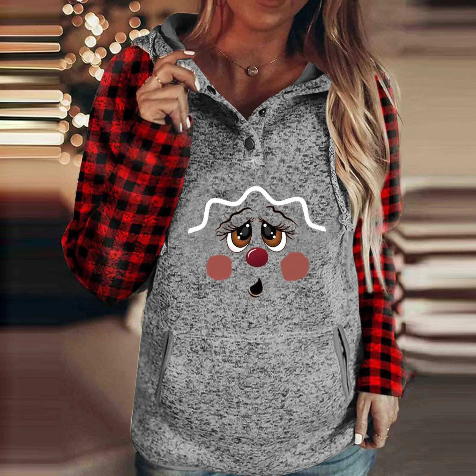 

Women's Casual Christmas Printed Long Sleeve Pocket Hooded Pullover Sweatshirt Breast Jewels Cotton Workout Women