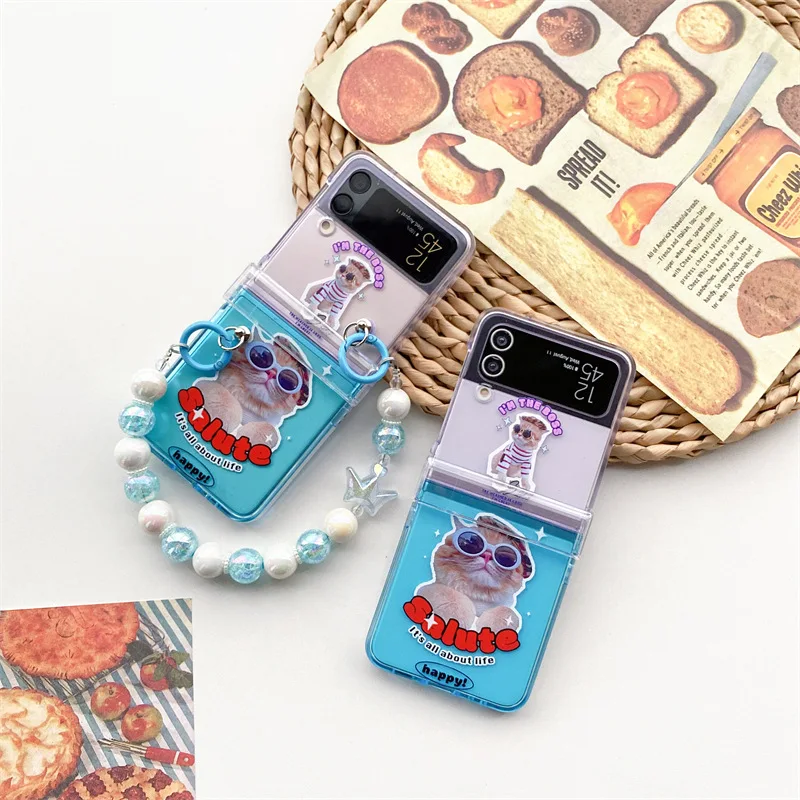 

Ins Style Sunglasses Cat Phone Case for Samsung Galaxy Z Flip 4 3 Hard Cover for ZFlip3 Zflip4 Solid Shell Bracket