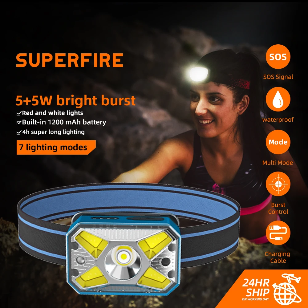 

Налобный фонарь SUPERFIRE HL73, мощный светодиодный + COB, индукционный, с аккумулятором Type-C, для рыбалки, кемпинга