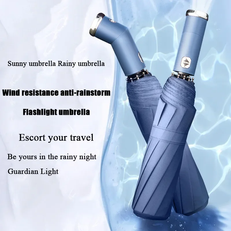 

NEW2023 High-grade 10 Bones Durable Creative Automatic Bag Flashlight LED Umbrella Business Umbrella Rainy Sunshade Three Fold U