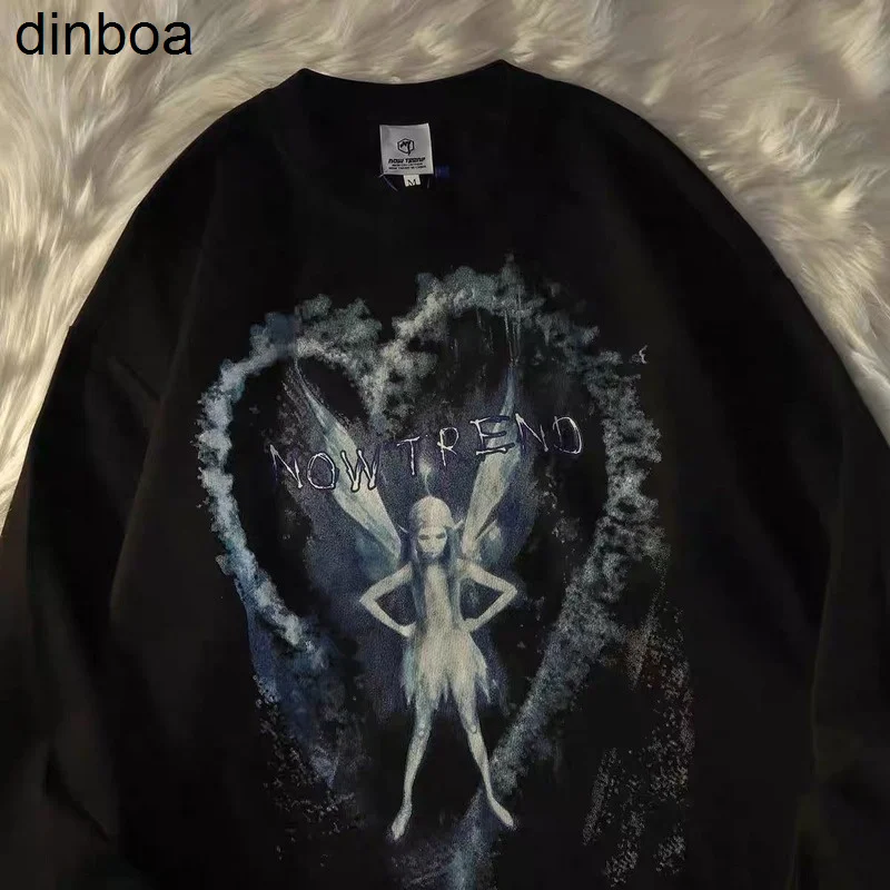 

Dinboa-2022 Gothic Y2k Printed Oversized Black Hoodies Women Punk Harajuku Streetwear Hippie White Crewneck Sweatshirt Mall Goth