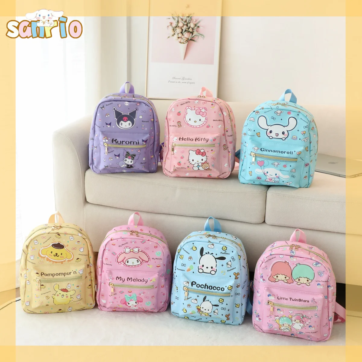 

Kawaii Sanrio Hello Kitty Girls Backpack Anime My Melody Kuromi Cinnamoroll Cartoon Waterproof PU Shoulders Bag Kids School Bag