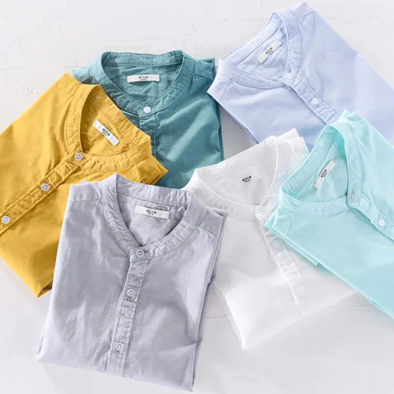 New Summer Men's Stand Collar Casual Cotton Shirt Short Sleeve Oxford Pure Simple Tops T-shirt For Male