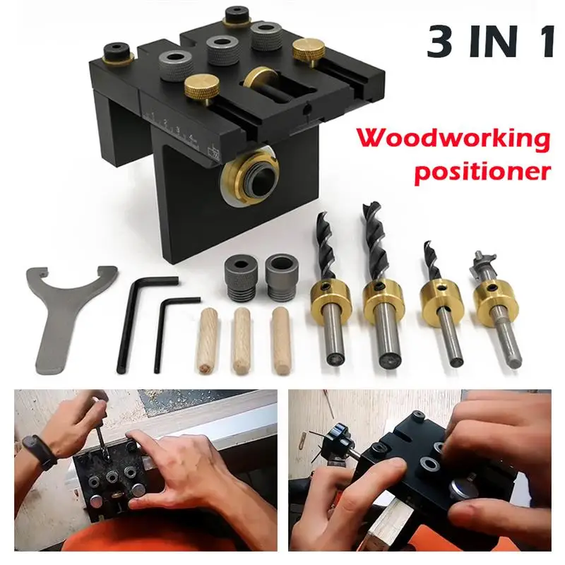 

Locator Jig 3 in 1 Woodworking Doweling Jig Kit With Positioning Clip Adjustable Drilling Guide Puncher Locator Carpentry Tools