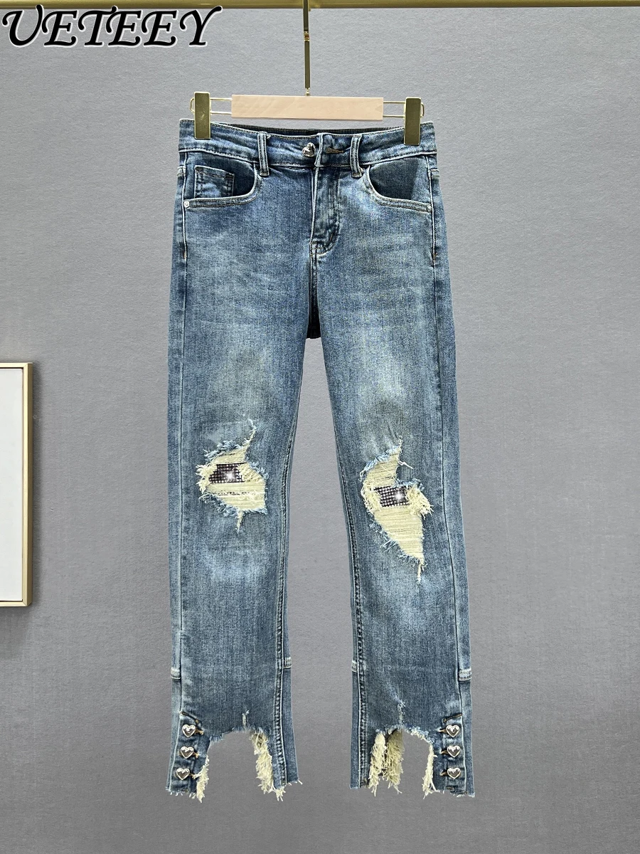 

Straight Jeans for Women Trendy New Autumn Stretchy High Waist Slim European Station Ripped Ankle-Length Cigarette Denim Pants