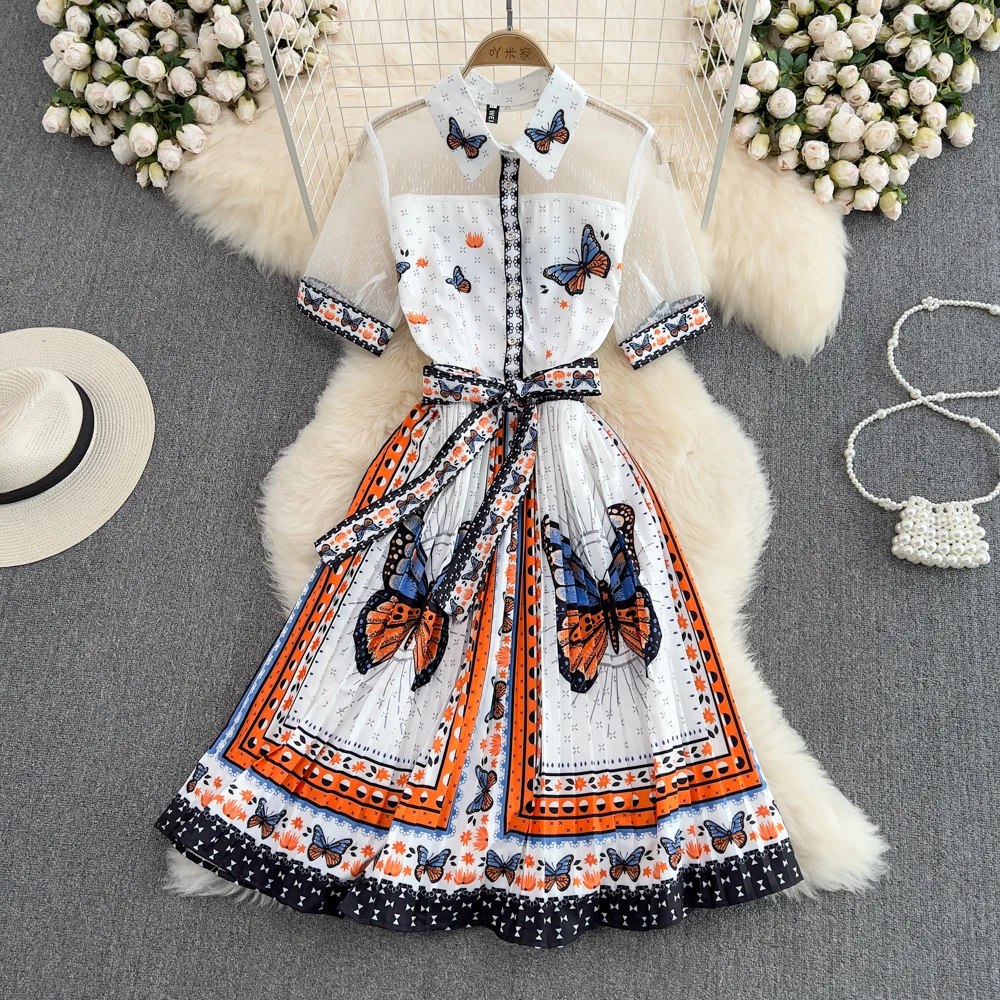 

Женское модельное платье с отложным воротником, винтажное мини-платье в стиле пэчворк с коротким рукавом и принтом бабочки, лето M6765