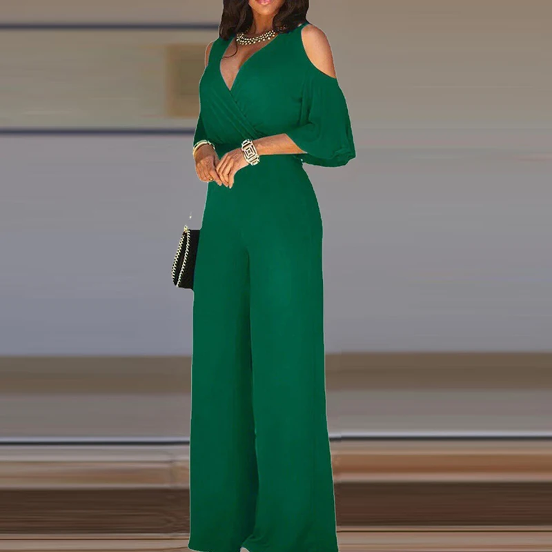 Женский комбинезон с открытыми плечами пикантный однотонный V-образным вырезом и