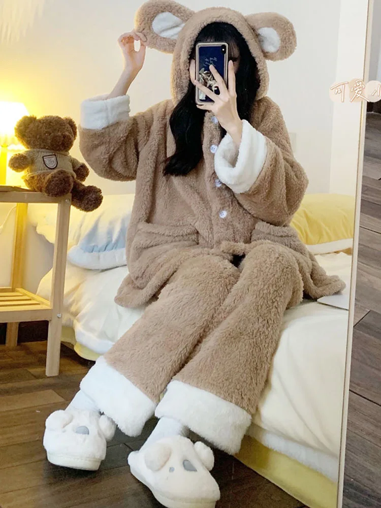 

KIMOKOKM Sweet Princess Tracksuit Kawaii Cartoon Bear Hooded Soft Full Sleeve Top Coral Fleece Pajamas Home Girly Two-Piece Suit