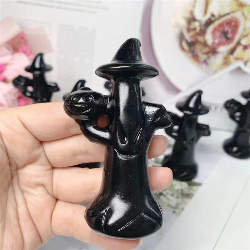 

9cm Natural Obsidian Crystal Halloween Pumpkin Treant Carving Healing Polished Mineral Ornaments Home Decoration 1pcs