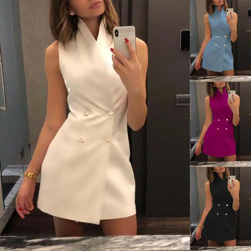 

Women Short Bodycon Collar Blazer Double Breasted Sleeveless Dress Fashion Lady Summer Solid Dresses Mini High Waist Work Office