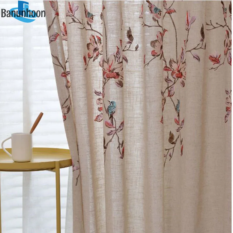 

Занавески из хлопка и конопли с вышитыми цветами и птицами, дизайнерские шторы для спальни, прозрачные оконные драпировки из белого тюля для гостиной