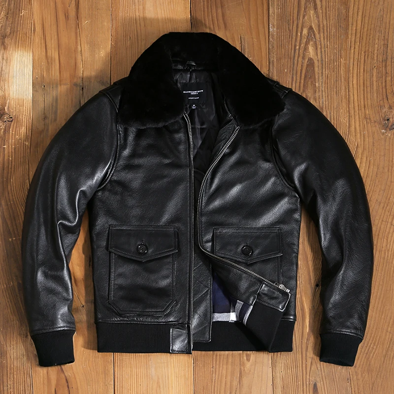 

Мужская куртка-бомбер из натуральной кожи, с меховым воротником