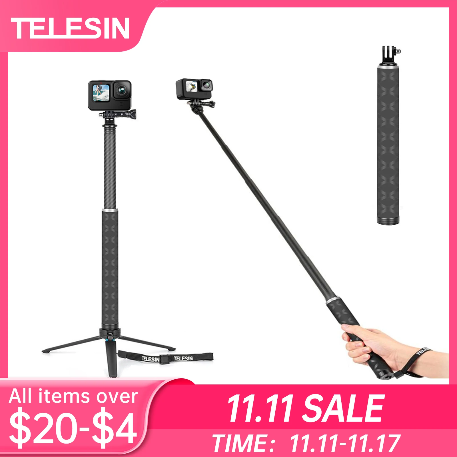 

TELESIN 90cm Carbon Fiber Lightest Selfie Stick Tripod For GoPro Hero Insta 360 DJI OSMO Action Camera Accessories