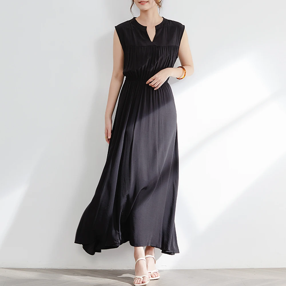 

Women Summer Sleeveless Casual Maxi Dress Black Pleated Fashion Casual Beach Vacation Long Dress Elegant Party Dating Streetwear