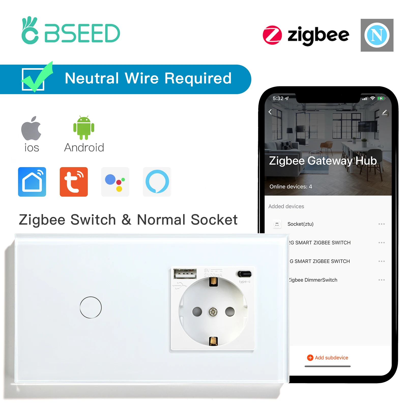 

BSEED Zigbee Smart Touch Switch 1/2/3Gang 1/2/3Way Wall Switch USB Type-C Charge Port Outlets Tuya Smart Life Google Control