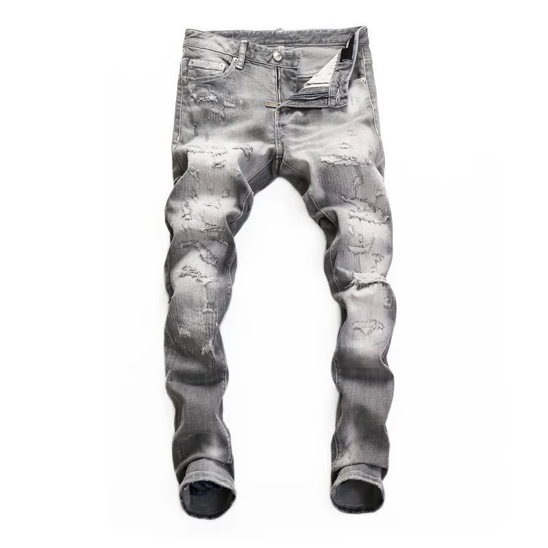 Streetwear Fashion Men Jeans Retro Light Gray Stretch Slim Fit Destroyed Ripped Jeans Men Vintage Designer Brand Pants Hombre