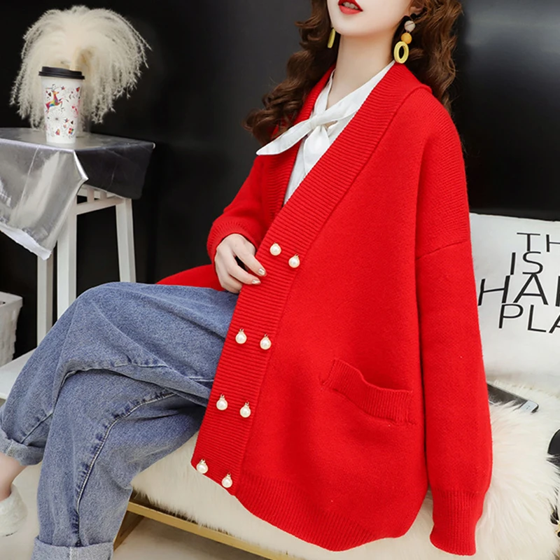 

2022 New Pearl Double Breasted Solid Women Knit Cardigan Sweater Spring Autumn Loose Casual Knit Sweater Jacket Tops Female