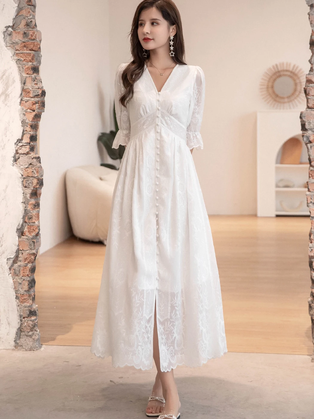 

Jastie White Embroidered Party Dress Women 2022 Lace V Neck High Waist Split Hem Summer Vestidos Boho Elegant Vacation Dresses