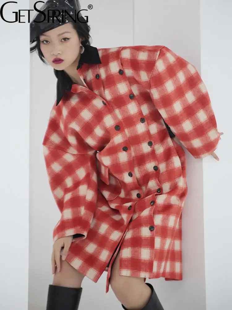 

GetSpring Women Wool Coat Patchwork Plaid Wool Jacket Full Sleeve Loose Long Ladies Overcoat Fashion All Match Warm Female Tops