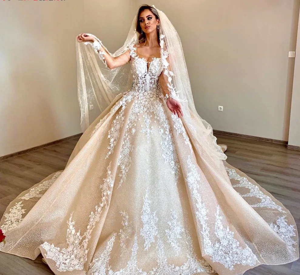 

Luxury Puffy Champagne Weddding Dresse Long Sleeves Sequin Tulle Lace Appliques 2022 Gorgeous Arabic Dubai Bridal Gowns Noiva