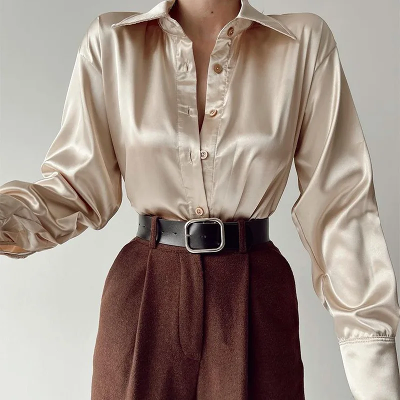Женская атласная рубашка на пуговицах Повседневная Свободная винтажная блузка