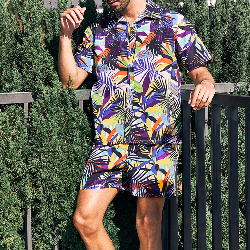Men's Coconut Tree Print Casual Short-sleeved Shorts Suit Beach Vacation Hawaii Lapel Handsome Floral Shirt Two-piece Set Summer