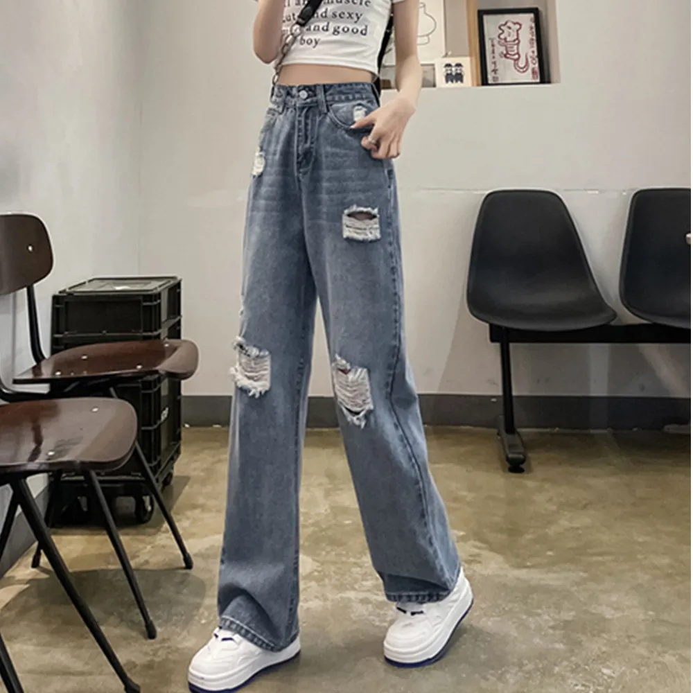 Baggy Ripped Jeans Womens High Waist Straight Wide Leg Casual Pants Streetwear Vintage Korean Fashion Y2K Jeans Pants For Women