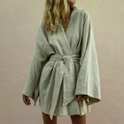 Кардиган-кимоно Женский с V-образным вырезом, белое хлопково-льняное мини-платье с длинным рукавом, на завязках, свободное весеннее платье, 2022