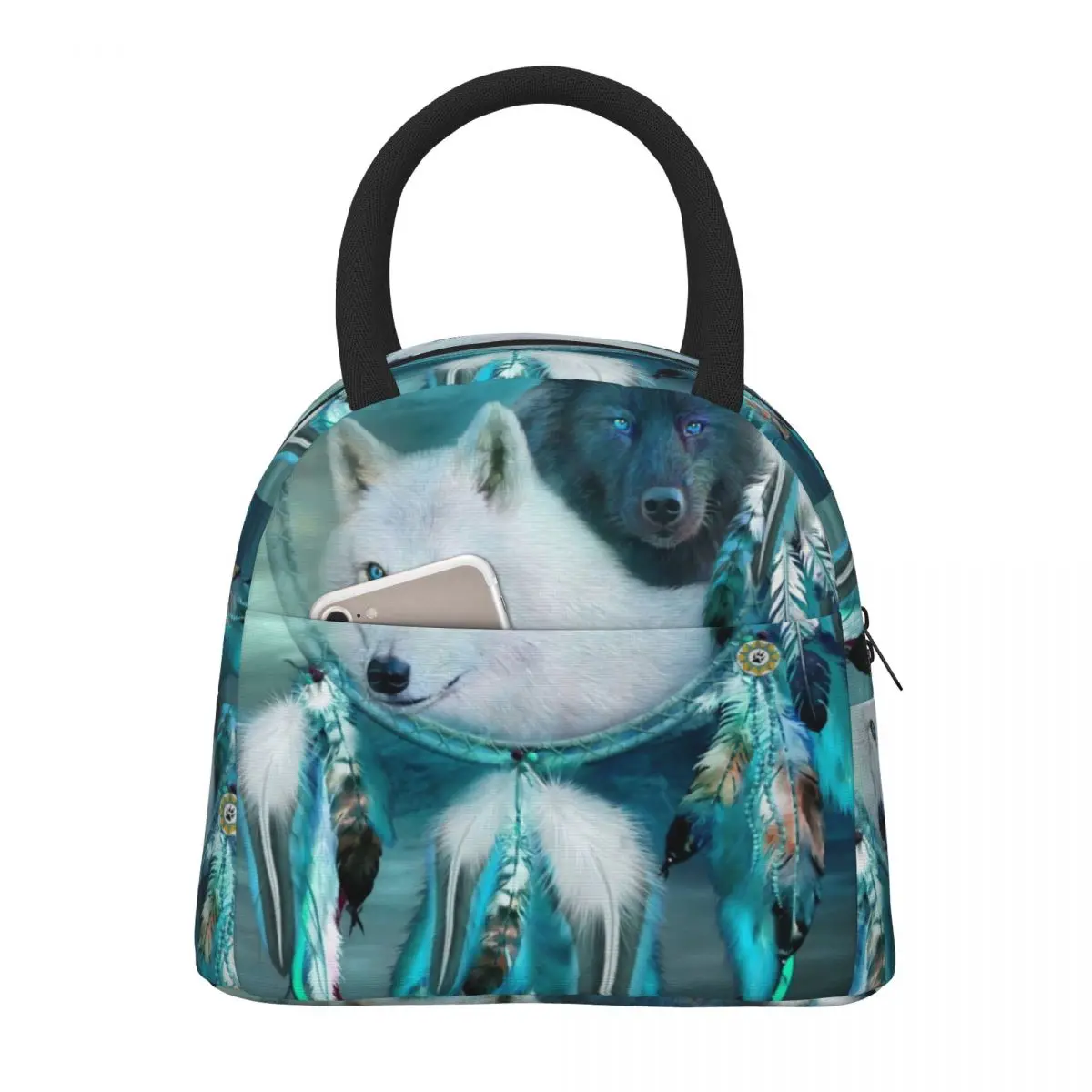 

White And Black Wolf Lunch Bag For Women Retro Animal Print Lunch Box Fun Picnic Cooler Bag Convenient Waterproof Tote Food Bags