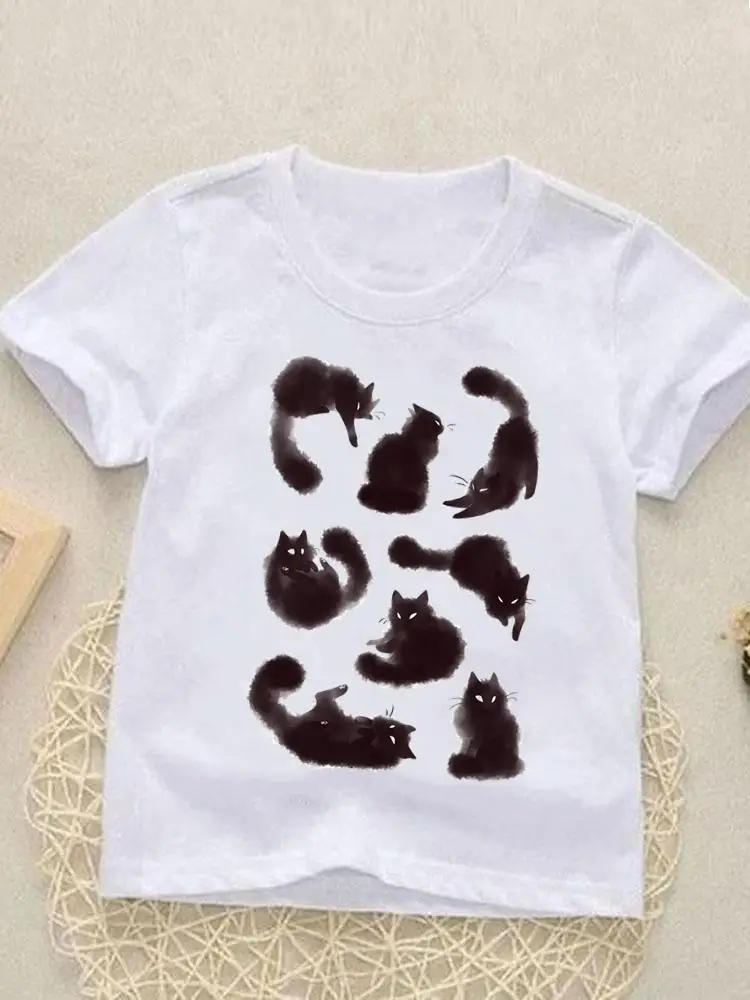 Short Sleeve Printed Watercolor Cat New Lovely Kids Tees Tops O-neck Girls Boys Children Clothes Summer Cartoon Outfits T-shirts