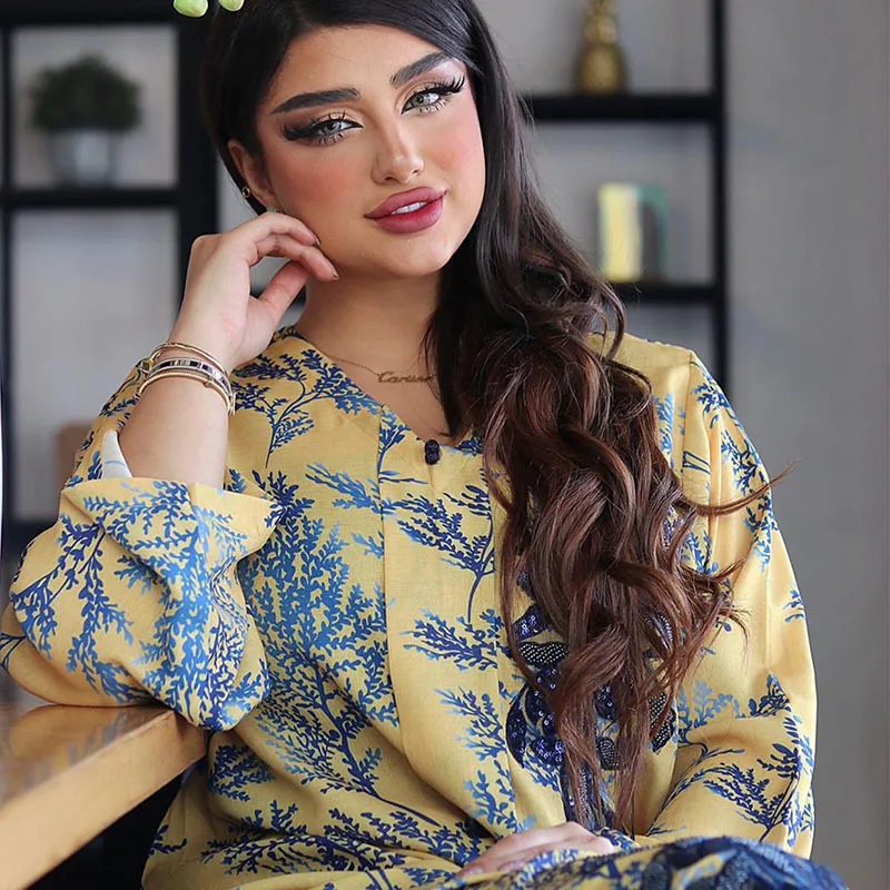 Long Sleeves Printing Embroidery Sequins Muslim Robe Abaya V Neck Elegant Arabic Gowns for Women Middle East Jalabiya 2023