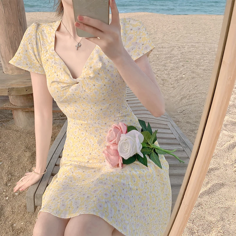 

Floral Printing Slim Fit Women's Dress Summer Chiffon Beach Style V-Neck Korean Style Retro High Waist Female Clothing A-LINE