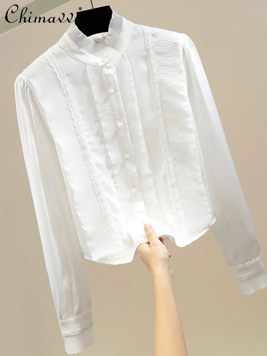

Sweet Single-Breasted Stand Collar Irregular Short Satin Shirt Women 2023 Spring New Fashion Elegant All-Match White Blouse