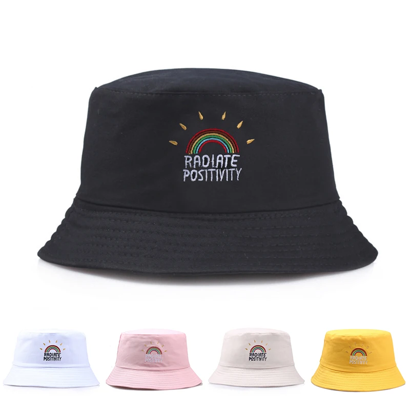 

Rainbow Embroidered Bucket Hat for Women Men Foldable Cotton Panama Caps Unisex Streetwear Hip Hop Sunshade Fisherman Hats Bob
